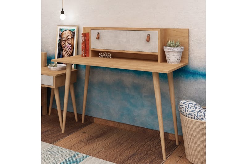 Mod Design Skrivbord 120 cm med Förvaring Hylla+Lucka Läderb - Trä/Vit - Skrivbord