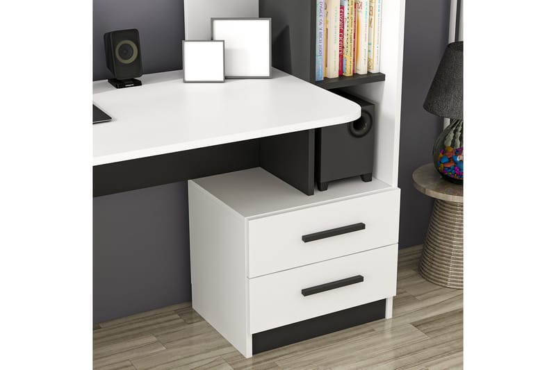 Puijas Skrivbord 120 cm med Förvaring Låda + Hyllor + Vägghy - Vit/Svart - Skrivbord