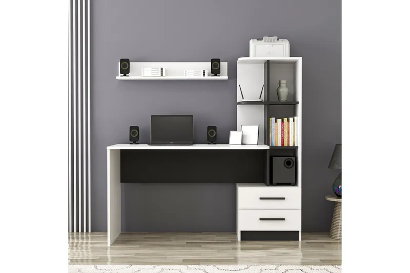 Puijas Skrivbord 120 cm med Förvaring Låda + Hyllor + Vägghy, Vit/Svart