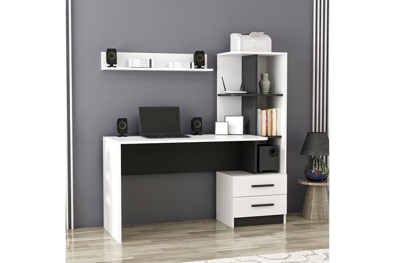 Puijas Skrivbord 120 cm med Förvaring Låda + Hyllor + Vägghy - Vit/Svart - Möbler - Bord & matgrupper - Kontorsbord - Skrivbord