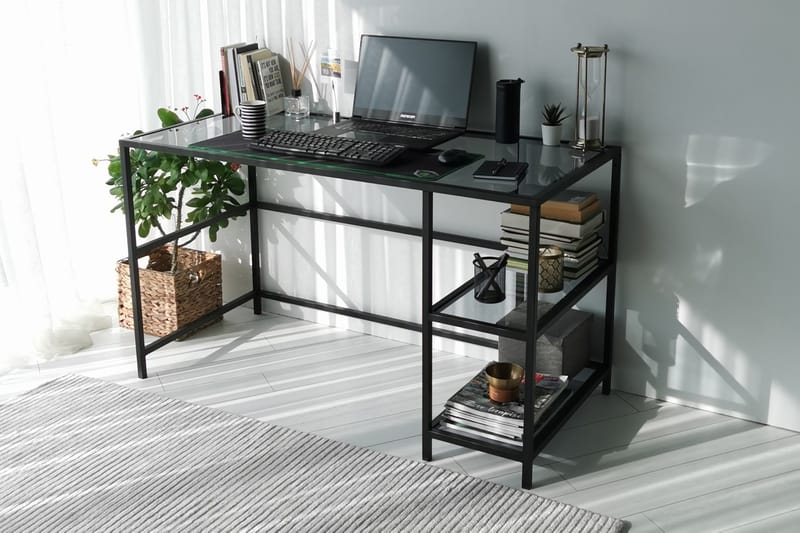 Sabani Skrivbord 130 cm med Förvaring 2 Hyllor - Glas/Rökfärgad/Svart - Möbler - Bord & matgrupper - Kontorsbord - Skrivbord