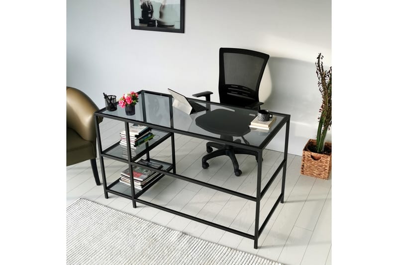 Sabani Skrivbord 130 cm med Förvaring 2 Hyllor - Glas/Rökfärgad/Svart - Möbler - Bord & matgrupper - Kontorsbord - Skrivbord