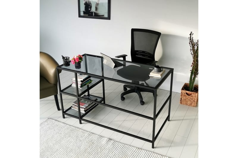 Sabani Skrivbord 130 cm med Förvaring 2 Hyllor - Glas/Rökfärgad/Svart - Skrivbord