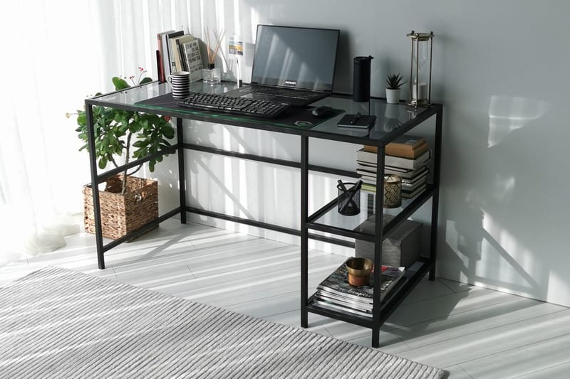 Sabani Skrivbord 130 cm med Förvaring 2 Hyllor - Glas/Rökfärgad/Svart - Möbler - Bord & matgrupper - Kontorsbord - Skrivbord