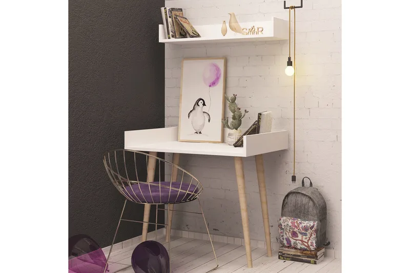 Skaberg Skrivbord 90 cm med Förvaring Vägghylla - Vit/Natur - Möbler - Bord & matgrupper - Kontorsbord - Skrivbord