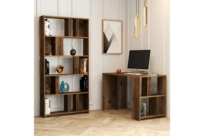 Timiza Skrivbord 120 cm med Förvaring Hylla + Bokhylla, Valnötsbrun