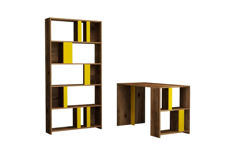 Timiza Skrivbord 120 cm med Förvaring Hylla + Bokhylla - Valnötsbrun/Gul - Möbler - Bord & matgrupper - Kontorsbord - Skrivbord