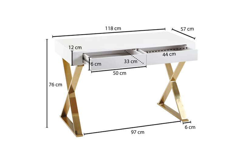 Willowdale Skrivbord 118 cm med Förvaring 2 Lådor - Vit/Guld - Skrivbord