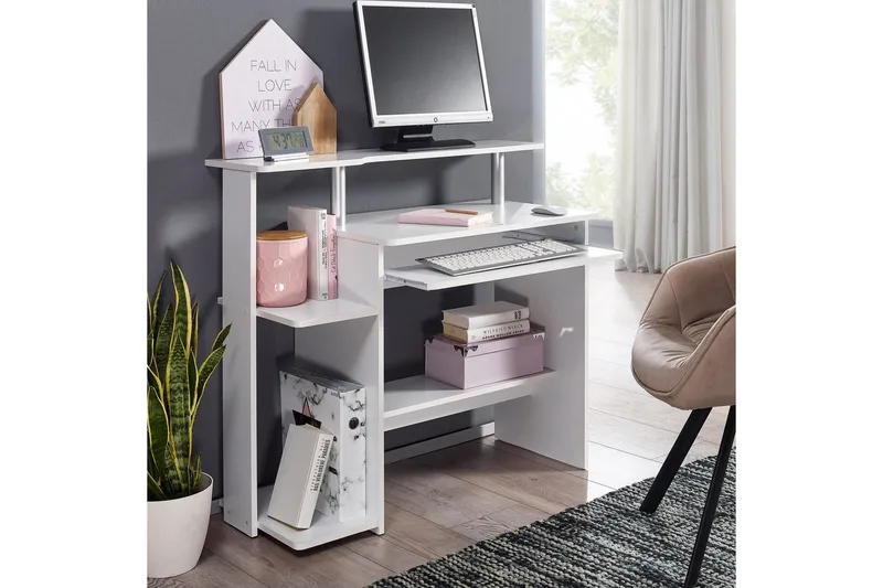 Skrivbord Wohnling för dator med hjul, tangentbord utdragbar, modern stil Vit - Vit - Möbler - Bord & matgrupper - Kontorsbord - Skrivbord