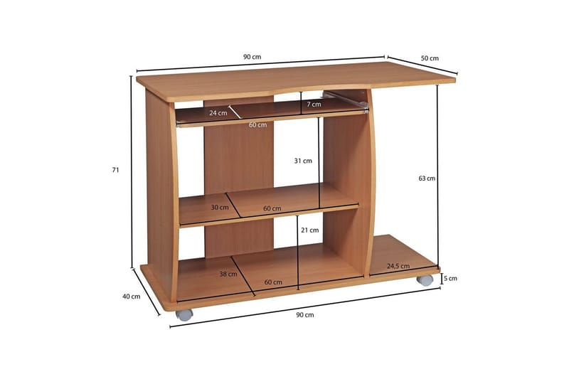 Skrivbord Wohnling för laptop eller dator med hjul, tangentbord utdragbar, modern stil Bok - Bok - Möbler - Bord & matgrupper - Kontorsbord - Skrivbord