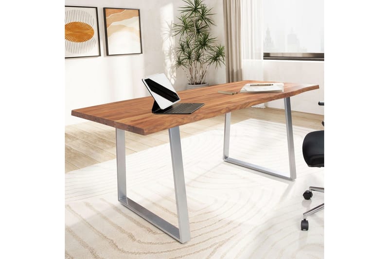 Skrivbord Wohnling Massiv trä träd kant metallben lantlig stil Silver, Rak, 200x100 cm - Silver, Rak, 200x100 cm - Möbler - Bord & matgrupper - Kontorsbord - Skrivbord