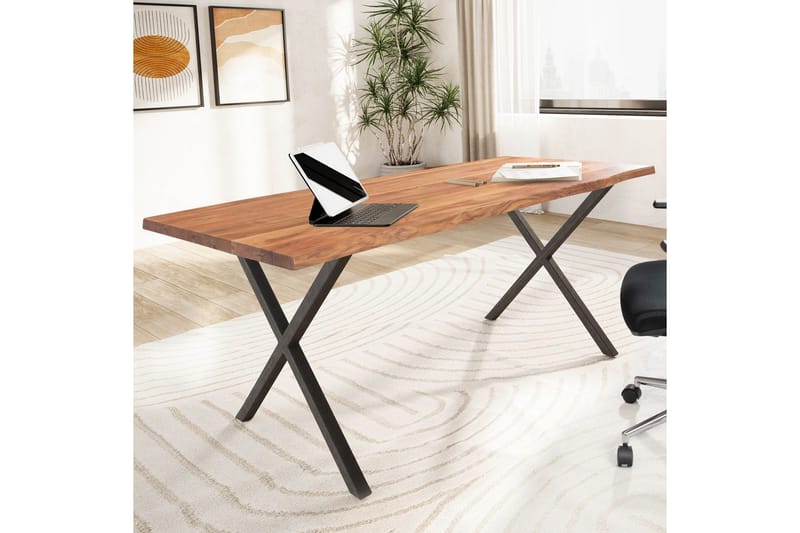 Skrivbord Wohnling Massiv trä träd kant metallben lantlig stil Svart, korsad, 140x60 cm - Svart, korsad, 140x60 cm - Möbler - Bord & matgrupper - Kontorsbord - Skrivbord