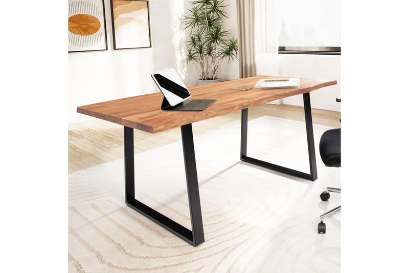 Skrivbord Wohnling Massiv trä träd kant metallben lantlig stil Svart, Rak, 180x90 cm - Svart, Rak, 180x90 cm - Möbler - Bord & matgrupper - Kontorsbord - Skrivbord