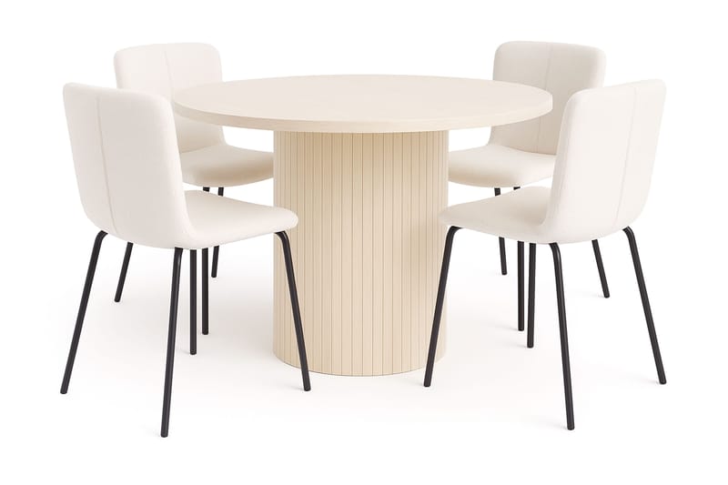 Kopparbo Matbord 106 cm med 4 Katy Matstolar, White / Vit Bouclé / Metallben Svart