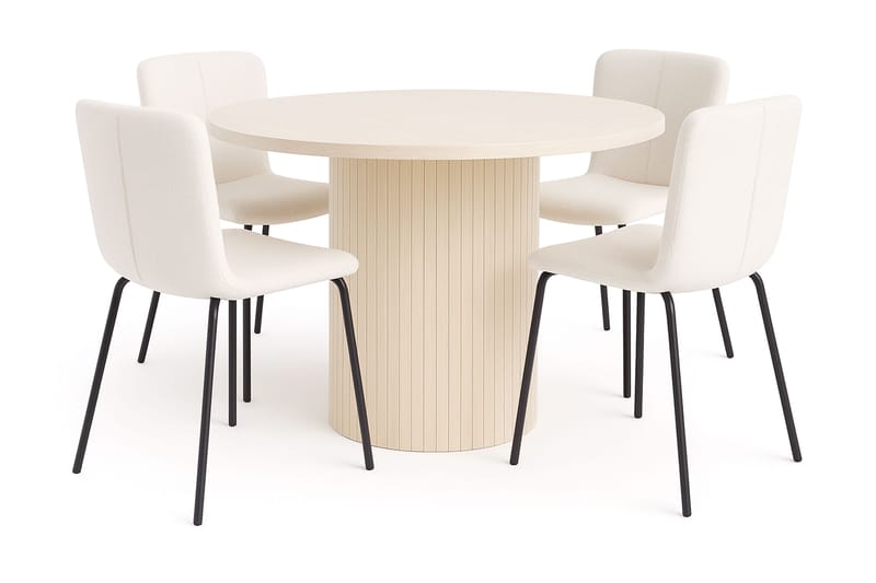 Kopparbo Matbord 106 cm med 4 Katy Matstolar, White / Vit Bouclé / Metallben Svart