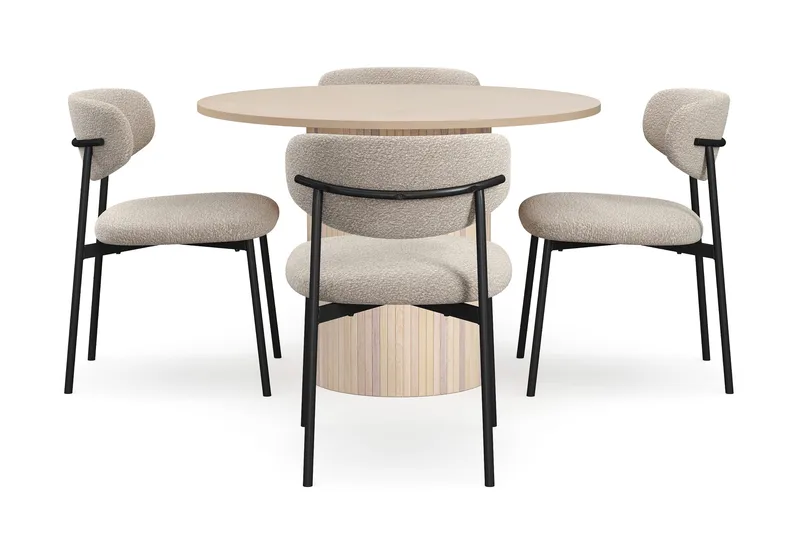 Kopparbo Matbord 106 cm med 4 Lucy Matstolar - White / Greige Bouclé / Metallben Svart - Möbler - Bord & matgrupper - Matgrupper