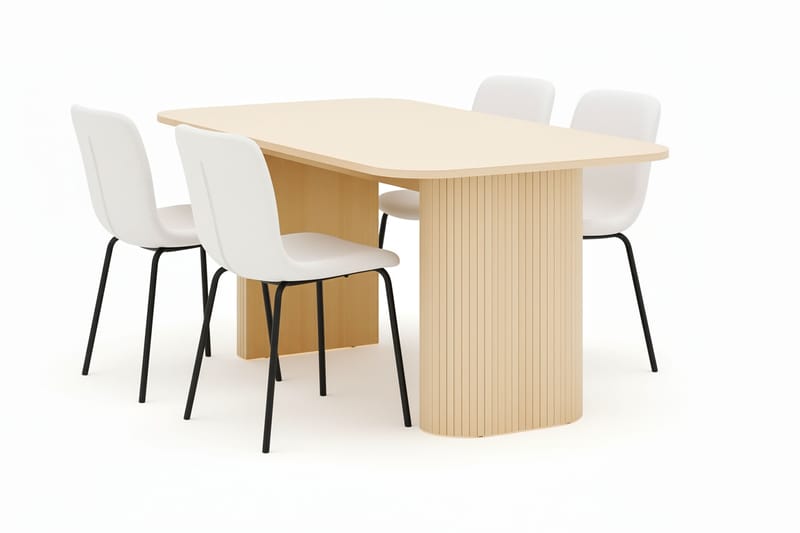 Kopparbo Matbord 160 cm med 4 Katy Matstolar, White / Vit Bouclé / Metallben Svart