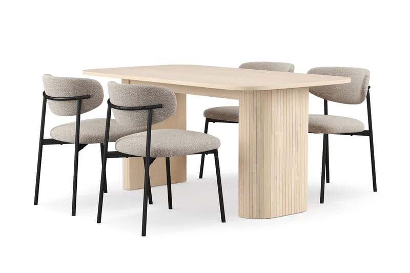 Kopparbo Matbord 160 cm med 4 Lucy Matstolar, White / Greige Bouclé / Metallben Svart