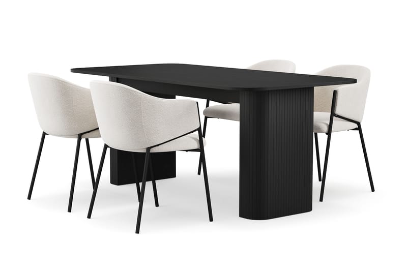 Kopparbo Matbord 180-240 cm Förlängningsbart med 4 Filip Matstolar, Svart / Vit Bouclé