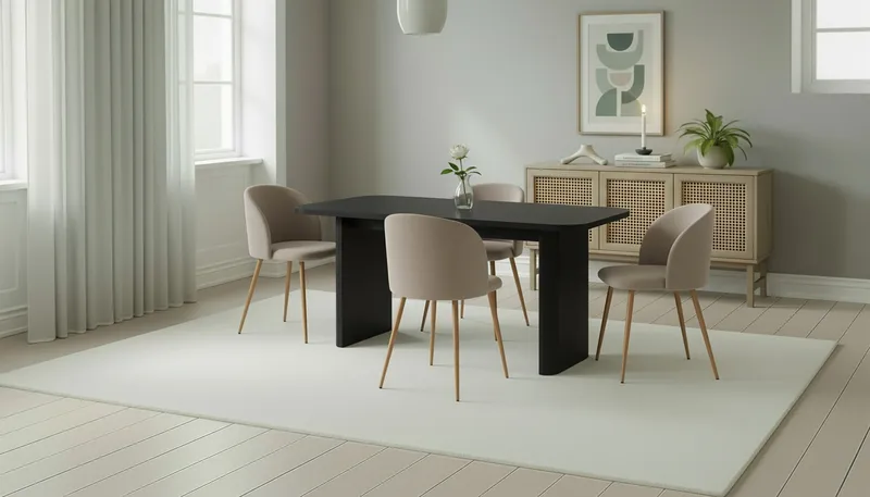 Kopparbo Matbord 180-240 cm Förlängningsbart med 4 Greya Matstolar med armstöd - Svart / Greige Bouclé / Metallben Ek - Möbler - Bord & matgrupper - Matgrupper