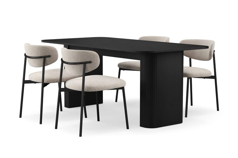 Kopparbo Matbord 180-240 cm Förlängningsbart med 4 Lucy Matstolar, Svart / Greige Bouclé / Metallben Svart