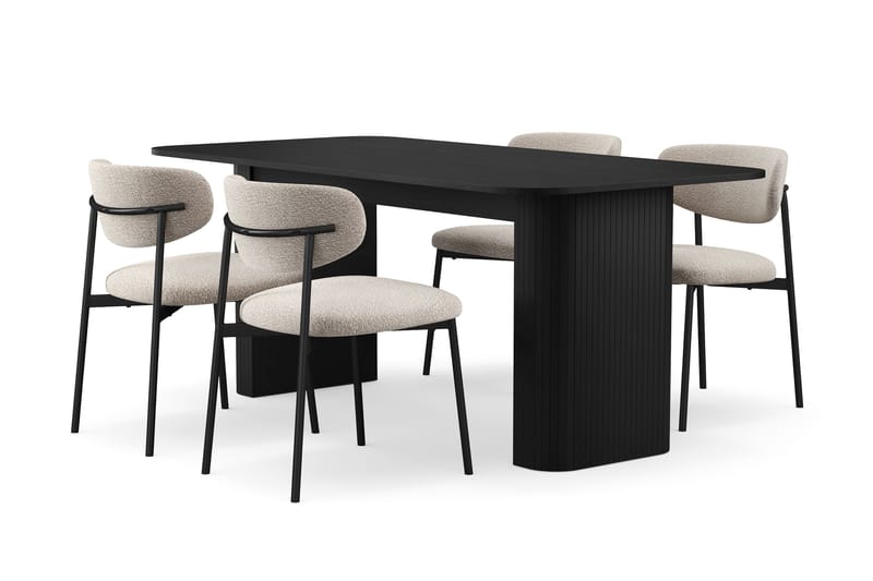 Kopparbo Matbord 180-240 cm Förlängningsbart med 4 Lucy Matstolar, Svart / Greige Bouclé / Metallben Svart