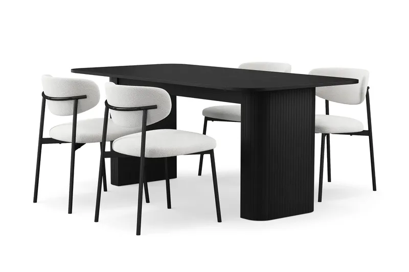 Kopparbo Matbord 180-240 cm Förlängningsbart med 4 Lucy Matstolar, Svart / Vit Bouclé / Metallben Svart