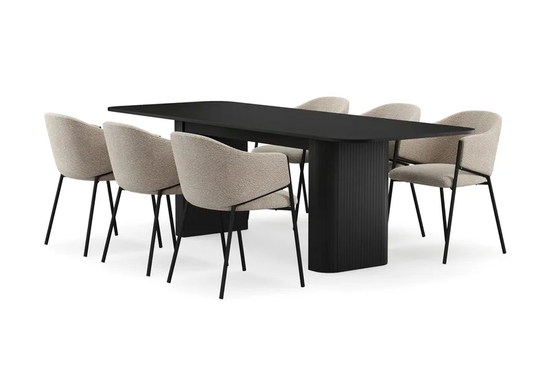 Kopparbo Matbord 180-240 cm Förlängningsbart med 6 Filip Matstolar - Svart / Taupe Bouclé - Möbler - Bord & matgrupper - Matgrupper