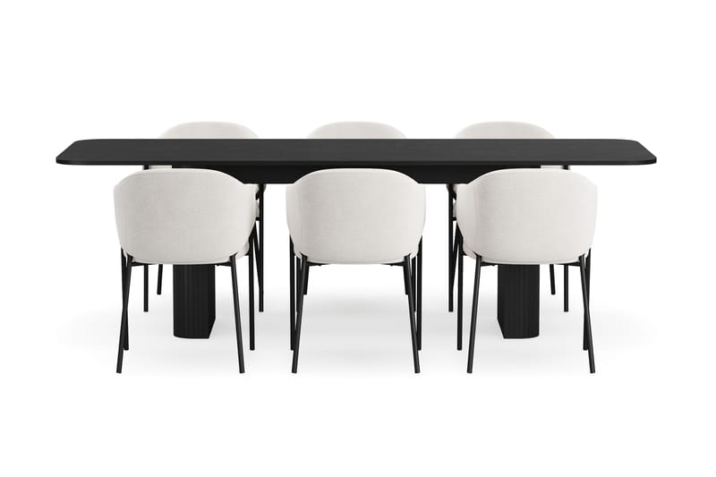 Kopparbo Matbord 180-240 cm Förlängningsbart med 6 Filip Matstolar - Svart / Vit Bouclé - Möbler - Bord & matgrupper - Matgrupper