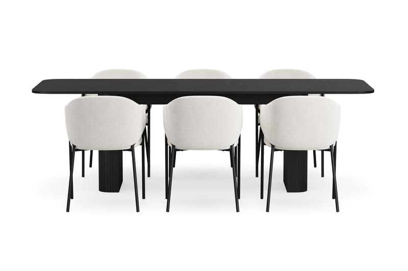 Kopparbo Matbord 180-240 cm Förlängningsbart med 6 Filip Matstolar - Svart / Vit Bouclé - Möbler - Bord & matgrupper - Matgrupper