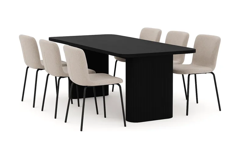 Kopparbo Matbord 180-240 cm Förlängningsbart med 6 Katy Matstolar, Svart / Greige Bouclé / Metallben Svart
