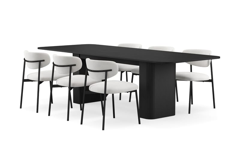 Kopparbo Matbord 180-240 cm Förlängningsbart med 6 Lucy Matstolar, Svart / Vit Bouclé / Metallben Svart