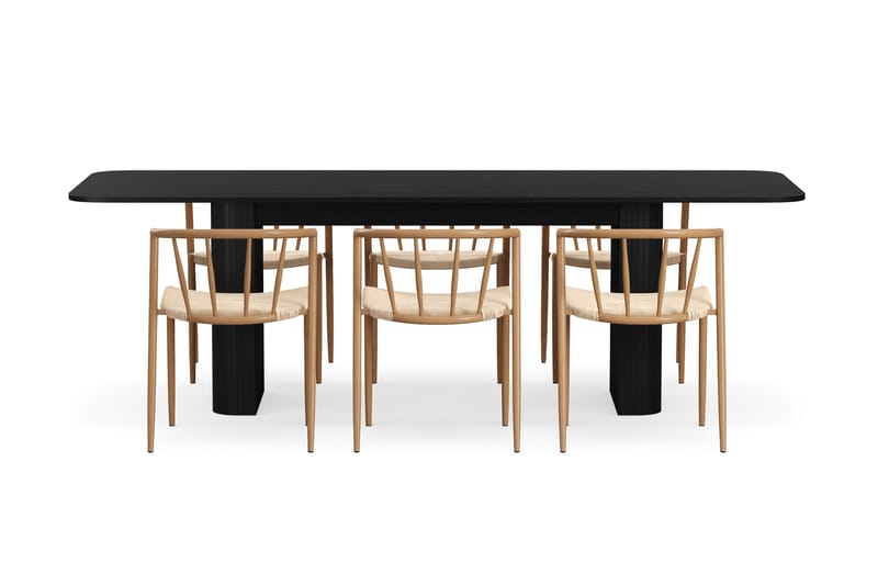 Kopparbo Matbord 180-240 cm Förlängningsbart med 6 Winston Matstolar - Svart / Beige / Metallben Ek - Möbler - Bord & matgrupper - Matgrupper