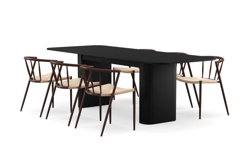 Kopparbo Matbord 180-240 cm Förlängningsbart med 6 Winston Matstolar, Svart / Beige / Metallben Rökt ek