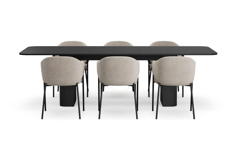 Kopparbo Matbord 200-260 cm Förlängningsbart med 6 Filip Matstolar - Svart / Taupe Bouclé - Möbler - Bord & matgrupper - Matgrupper