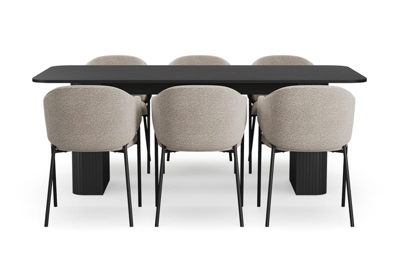 Kopparbo Matbord 200-260 cm Förlängningsbart med 6 Filip Matstolar - Svart / Taupe Bouclé - Möbler - Bord & matgrupper - Matgrupper