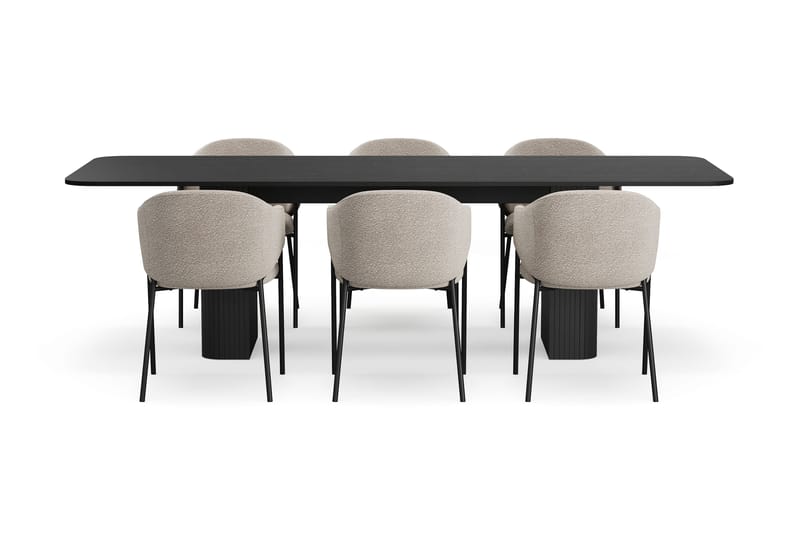 Kopparbo Matbord 200-260 cm Förlängningsbart med 6 Filip Matstolar - Svart / Taupe Bouclé - Möbler - Bord & matgrupper - Matgrupper