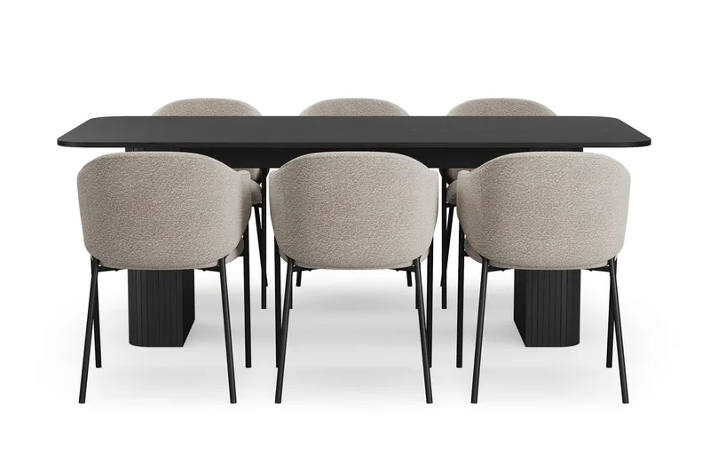 Kopparbo Matbord 200-260 cm Förlängningsbart med 6 Filip Matstolar - Svart / Taupe Bouclé - Möbler - Bord & matgrupper - Matgrupper