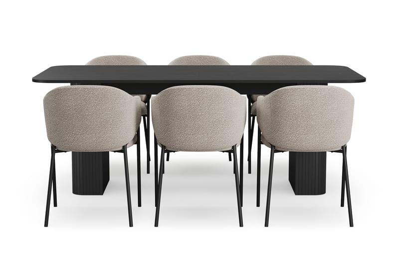 Kopparbo Matbord 200-260 cm Förlängningsbart med 6 Filip Matstolar - Svart / Taupe Bouclé - Möbler - Bord & matgrupper - Matgrupper