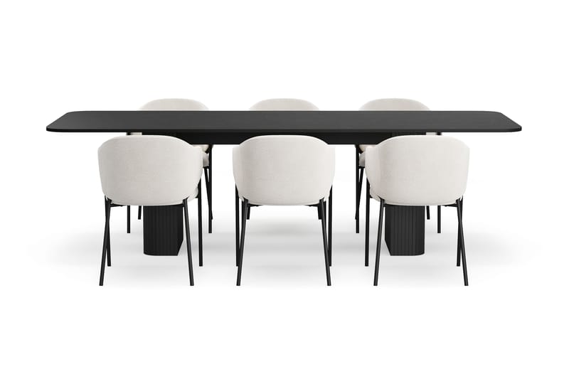 Kopparbo Matbord 200-260 cm Förlängningsbart med 6 Filip Matstolar - Svart / Vit Bouclé - Möbler - Bord & matgrupper - Matgrupper