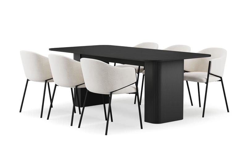 Kopparbo Matbord 200-260 cm Förlängningsbart med 6 Filip Matstolar, Svart / Vit Bouclé