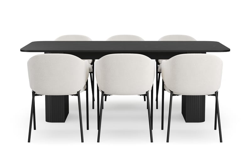 Kopparbo Matbord 200-260 cm Förlängningsbart med 6 Filip Matstolar - Svart / Vit Bouclé - Möbler - Bord & matgrupper - Matgrupper