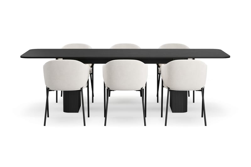 Kopparbo Matbord 200-260 cm Förlängningsbart med 6 Filip Matstolar - Svart / Vit Bouclé - Möbler - Bord & matgrupper - Matgrupper