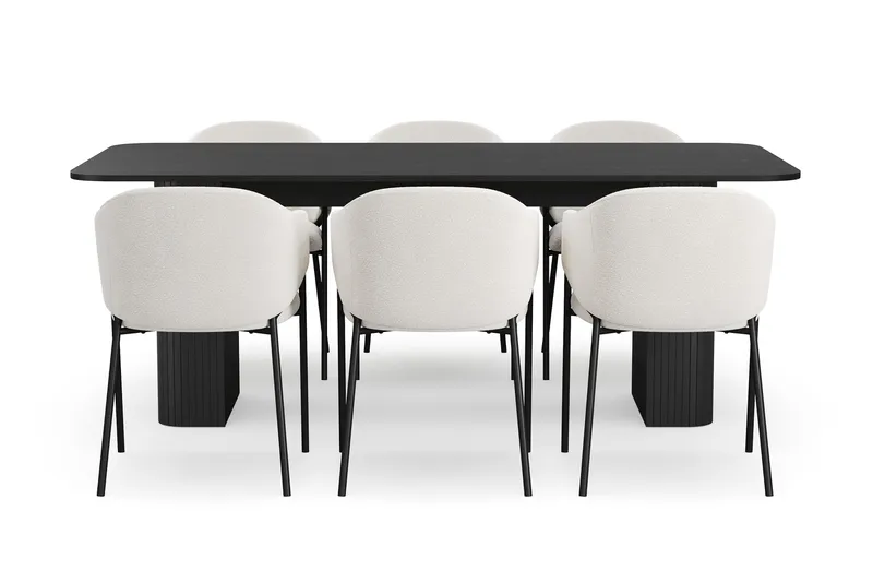 Kopparbo Matbord 200-260 cm Förlängningsbart med 6 Filip Matstolar - Svart / Vit Bouclé - Möbler - Bord & matgrupper - Matgrupper