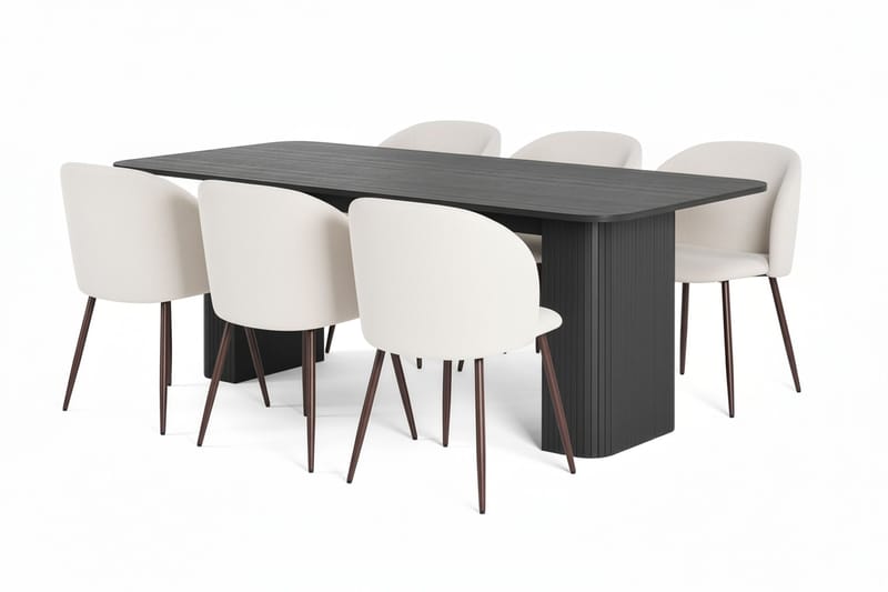 Kopparbo Matbord 200-260 cm Förlängningsbart med 6 Greya Matstolar med armstöd, Svart / Vit Bouclé / Metallben Valnöt