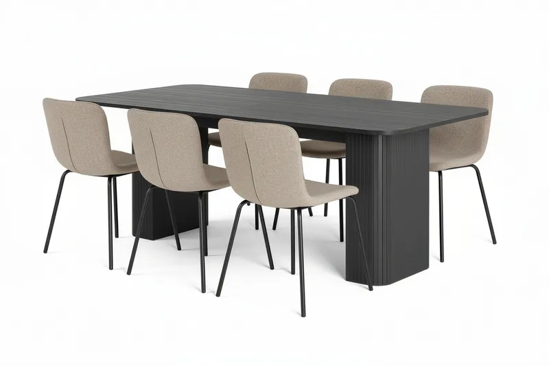 Kopparbo Matbord 200-260 cm Förlängningsbart med 6 Katy Matstolar, Svart / Greige Bouclé / Metallben Svart