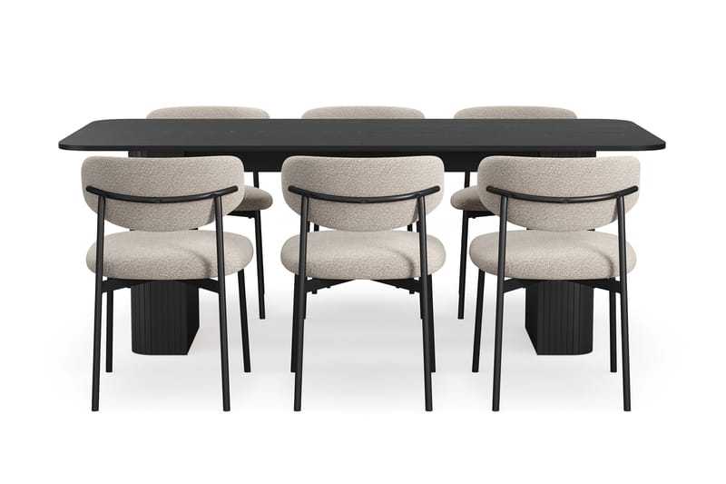 Kopparbo Matbord 200-260 cm Förlängningsbart med 6 Lucy Matstolar - Svart / Greige Bouclé / Metallben Svart - Möbler - Bord & matgrupper - Matgrupper