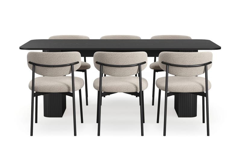 Kopparbo Matbord 200-260 cm Förlängningsbart med 6 Lucy Matstolar - Svart / Greige Bouclé / Metallben Svart - Möbler - Bord & matgrupper - Matgrupper
