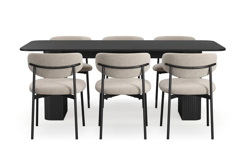 Kopparbo Matbord 200-260 cm Förlängningsbart med 6 Lucy Matstolar - Svart / Greige Bouclé / Metallben Svart - Möbler - Bord & matgrupper - Matgrupper