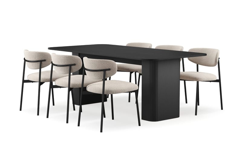 Kopparbo Matbord 200-260 cm Förlängningsbart med 6 Lucy Matstolar, Svart / Greige Bouclé / Metallben Svart